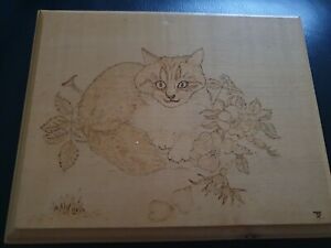 Vintage Pyrography Hand Crafted Cornwall Wood Picture Cat Teme Signed 7 5 By 6 