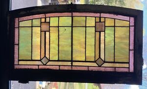 Antique Leaded Slag Stained Glass Window Wood Frame Arched 37 X21 25 Transom