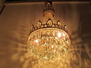 Antique Vintage Brass Crystals Chandelier Ceiling Lamp French Lamp 1950
