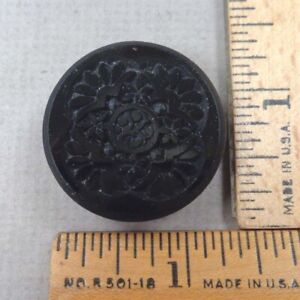 Multi Flower Antique Black Glass Button 1800s Intaglio Impressed Design Large