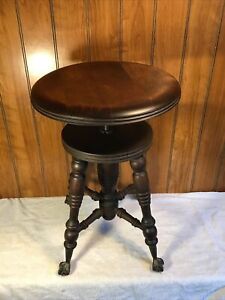 Antique Adjustable Lyon Healy Wooden Piano Stool With Claw Feet
