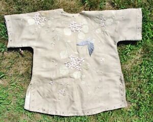 Vintage Antique Chinese Beige Lightly Padded Silk Child S Embroidered Robe