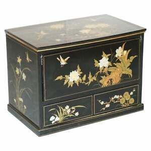 Vintage Chinese Chinoiserie Tv Media Stand Black Lacquered Paint Bird Flowers