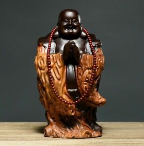 8 Natural Ebony Wood Hand Carved Happy Maitreya Buddha Statue Buddhism Bead Stt