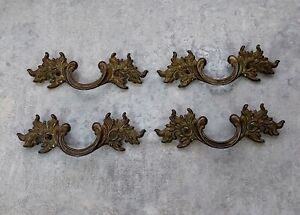 French Provincial Drawer Pulls 3 Bore Belwith Brass Gold Fancy Set Of 4