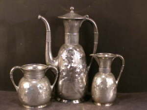 19th C Antique Figural Bird Embossed Engraved Chased Silver Coffee Tea Pot Set