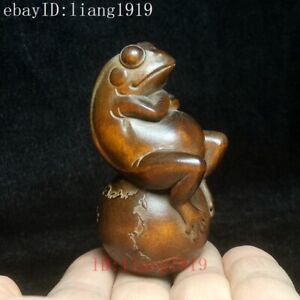 H 7 3cm Japanese Boxwood Hand Carved Frog Figure Statue Netsuke Decoration Gift