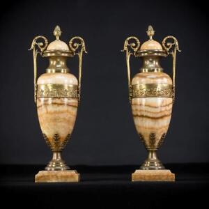 Pair Of Urns Two French Antique Cassolettes Beige Marble And Gilt Bronze 14 2 