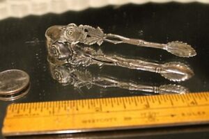 Vintage 800 Fine Silver Crown Logo Olive Pickle Tongs High Relief Rose Motif