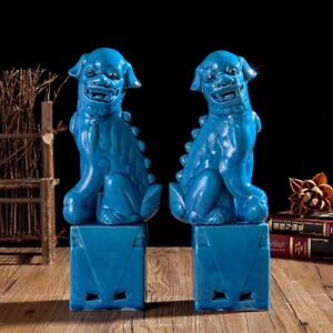 12 6 Chinese Jingdezhen Porcelain Blue Foo Fu Dog Guardion Lion Ceramics Statue