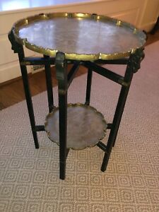 Vintage Antique Asian Brass Two Tier Tray Table 20 H With Folding Stand 14 D