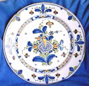 Lrg Early 19th Century Antique Dutch Delft Polychrome Flowers Charger Chop Plate
