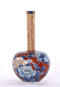1910 S Japanese Fukagawa Porcelain Long Neck Vase With Flowers Birds Mk 32 Cm