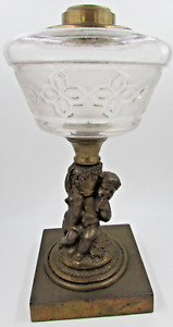 Antique Composite Kerosene Lamp Figural Grape Harvest Cherub With Dog Pat D 1872
