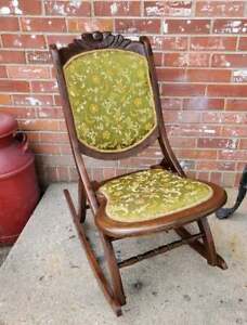 Antique Folding Rocking Chair Silk Floral Tapestry Seat Back Carved Wood Accents