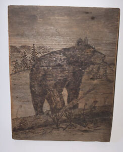Antique Folk Art Pyrography Wood Bear Plaque