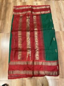 Vintage Old Indian Woman Used Green Red Banarasi Silk Beautiful Sari Dress
