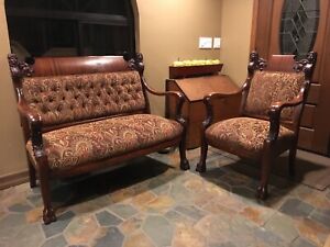 Rare Antique Victorian Mahogany Parlor Set Of Loveseat And King S Chair