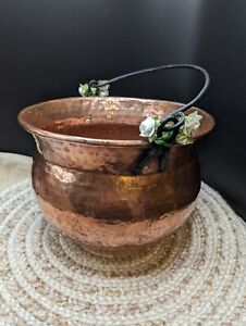 Antique Hand Hammered Primitive Copper Cauldron With Wrought Iron Handle Pot