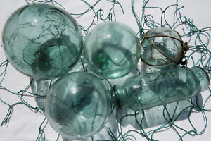 Japanese Blown Glass Floats 5 Mixed Sizes Water Inside Sea Greens Antique Net