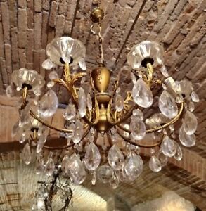 Fine French Vintage Crystal Prism Bobeches Gold Bronze Brass Chandelier 6 Light