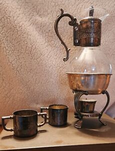 Vtg Silver Plated And Glass Coffee Carafe With Warmer Sugar And Creamer Set