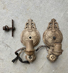 Pair Art Deco Cast Iron Ornate Single Arm Wall Sconces Needs Tlc And Wiring