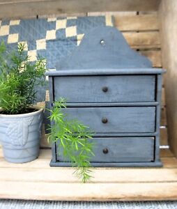 Early Antique Wood 3 Drawer Spice Chest Cabinet Blue Milk Paint