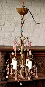 French Vintage Pink Murano Glass Drop Chandelier Rare 1960