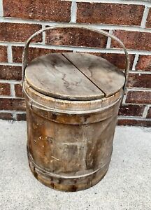 Primitive Antique Wooden Firkin Lap Band Bucket With Bentwood Handle