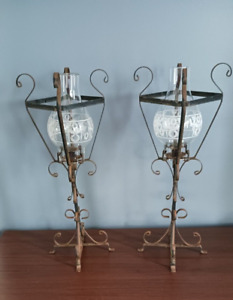 Lot Of 2 Patinated Vintage 23 Metal Candle Hurricane Lamps With Original Globes