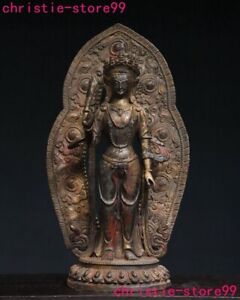 14 4 Tibet Bronze Gilt Hold Sword Stand Tara Kwan Yin Goddess Buddha Statue