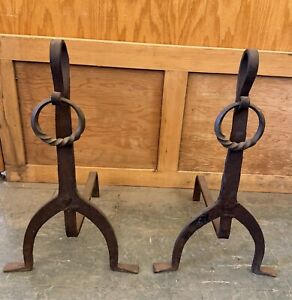 Pair Of Arts Crafts Hand Forged Wrought Iron Fireplace Andirons