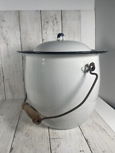 Vintage Enamel Ware Chamber Pot Bucket White Black Trim Handle Wood Metal