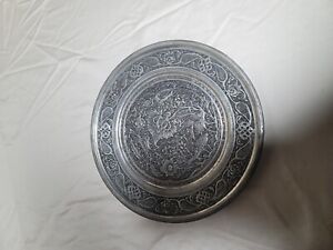 Antique Persian Silver Copper Middle East Engraved Tray Plate