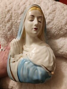Vintage Ceramic Virgin Mary Religious Planter Vase Statue Mid Century Modern