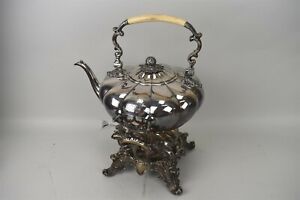 Antique Spirit Kettle Tilting Teapot Warmer Stand Silver Plate Perseverando Elk