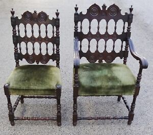 2 Antique 1920s Walnut Spanish Jacobean Revival Style Dining Room Chairs