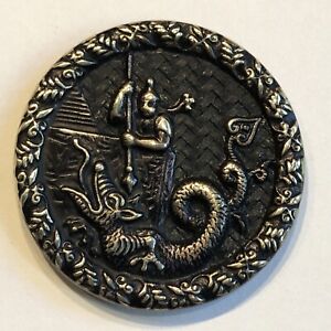 Unusual Antique Large Brass The Chinese Dragon Slayer Button Woven Background