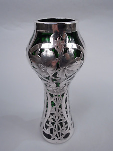 Alvin Vase G3212 1 Antique Art Nouveau American Green Glass Silver Overlay