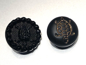 2 Small Antique Black Glass Buttons Turtles Uncommon Subject Fine