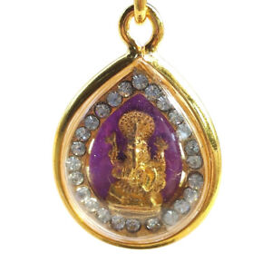 Lord Ganesha Gold Plate Case Pendant Necklace Elephant Hindu Gods Amulet Purple