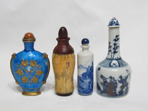 Group Of Chinese Enamel On Brass Bone Blue And White Porcelain Snuff Bottles