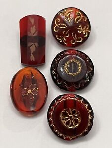 Antique Vintage Lot Of 5 Cranberry Red Glass Buttons With Gold Designs Bf5 