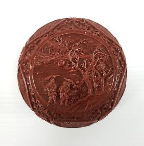 Antique Chinese Round Cinnabar Covered Box With Deep Landscape And People