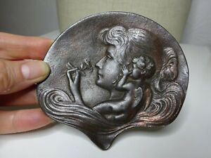 Art Nouveau Pin Dish Cast Metal Antique Jewellery Woman Flower Eros 