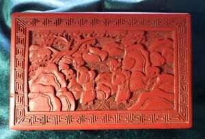 Antique Chinese Hand Carved Cinnabar Red Lacquer Box Chip Crack