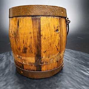 Primitive 1844 Pat Oak Small Paint Bucket Pail With Brass Tag Bottom Stencil
