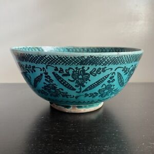 Antique Persian Blue Glazed Large Pottery Footed Bowl Floral Art Wow