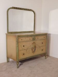 Antique Barbola French Louis Xvi Romantic Painted Shabby Chest Dresser W Mirror